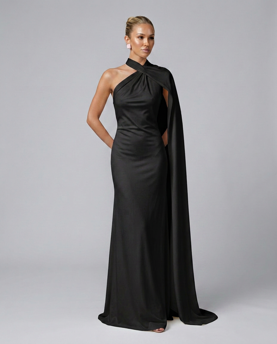 Vestido largo drapeado de invitada con un solo hombro