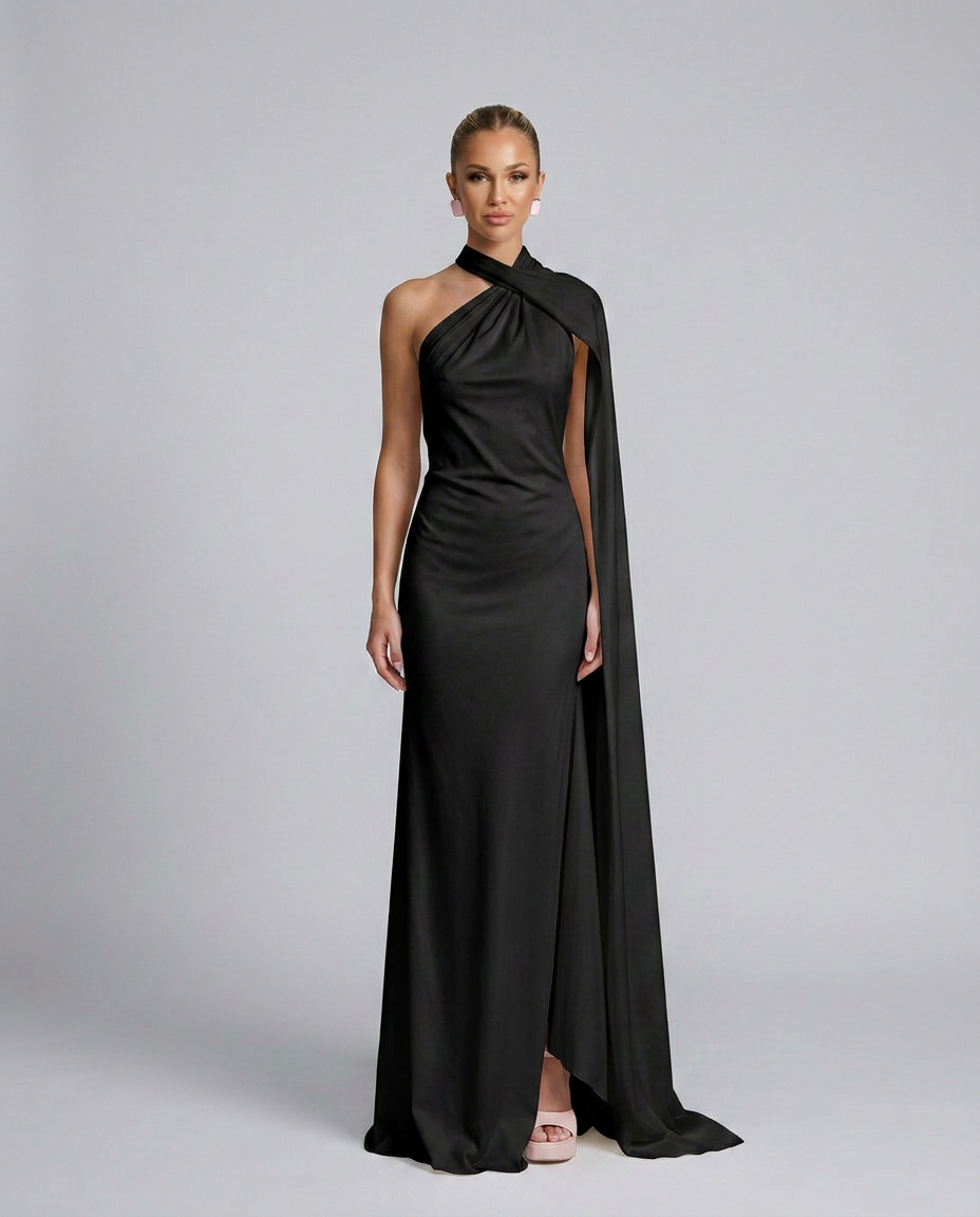 Vestido largo drapeado de invitada con un solo hombro