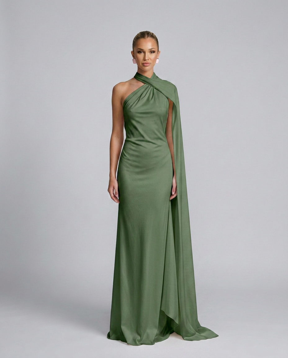 Vestido largo drapeado de invitada con un solo hombro