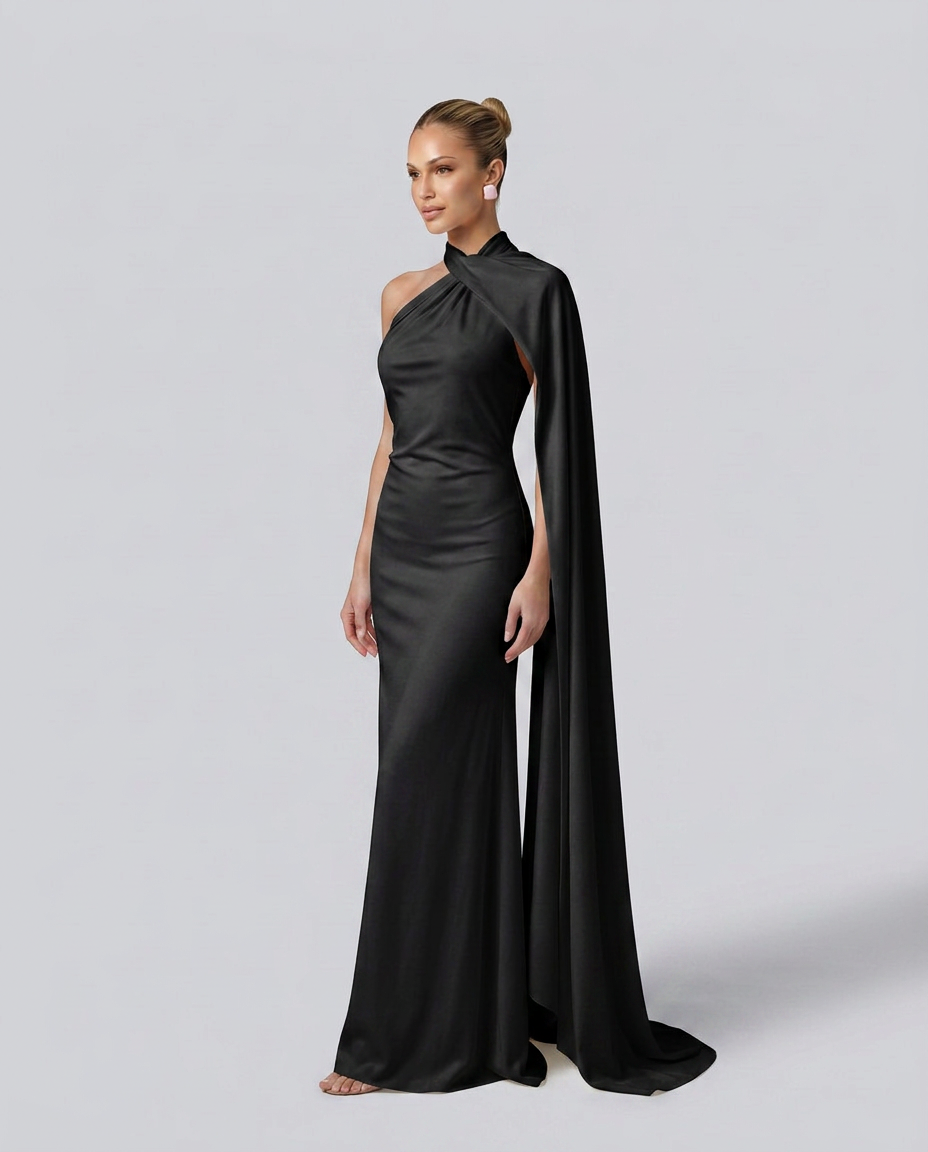 Vestido largo drapeado de invitada con un solo hombro