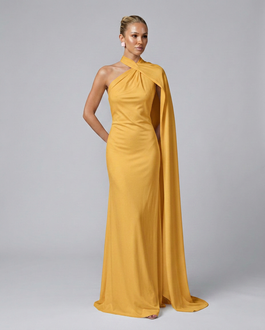 Vestido largo drapeado de invitada con un solo hombro