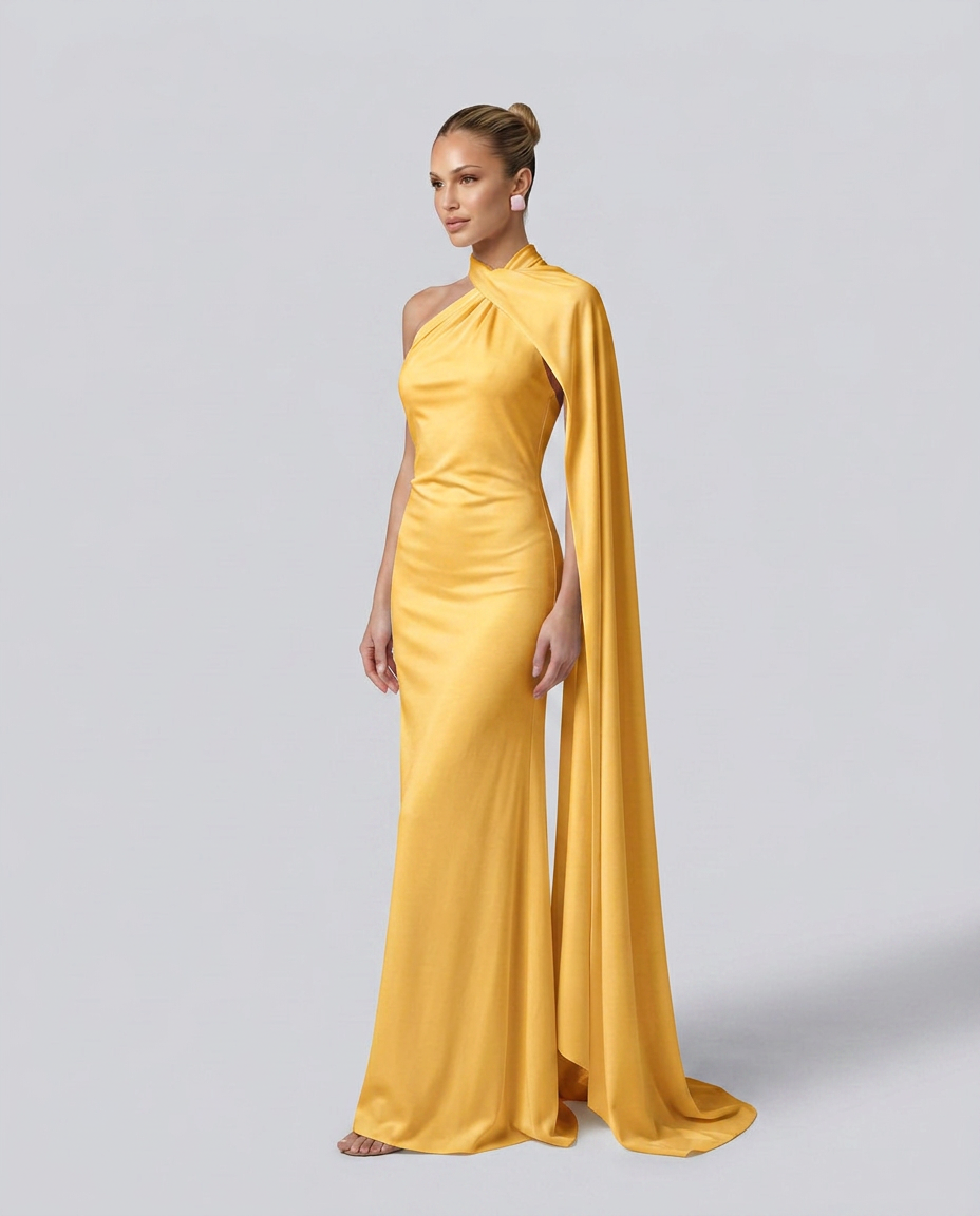 Vestido largo drapeado de invitada con un solo hombro