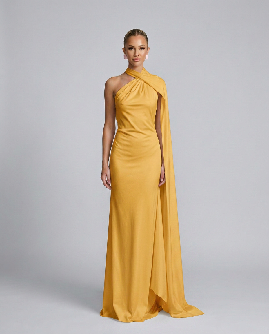Vestido largo drapeado de invitada con un solo hombro