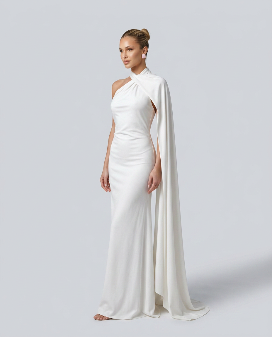Vestido largo drapeado de invitada con un solo hombro