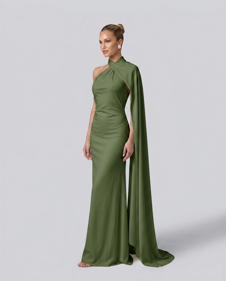 Vestido largo drapeado de invitada con un solo hombro