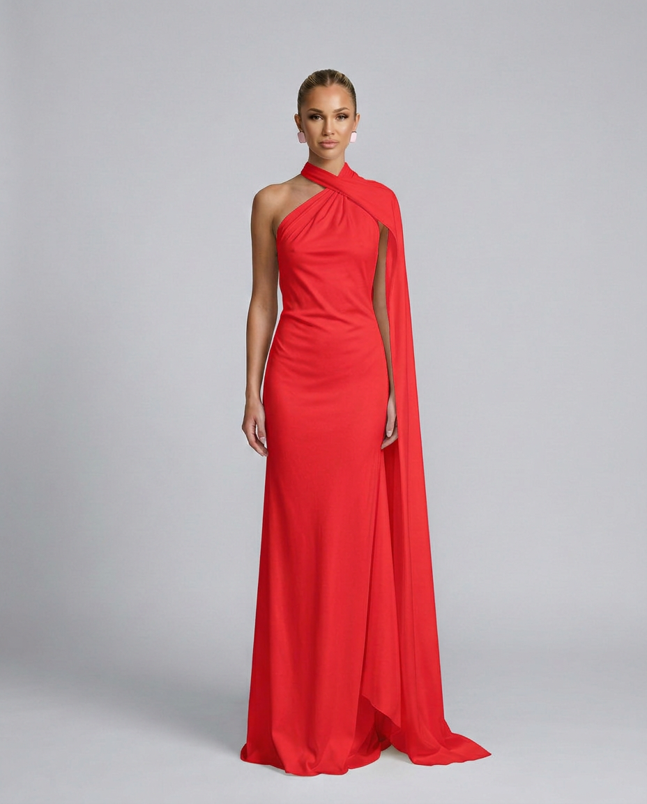 Vestido largo drapeado de invitada con un solo hombro