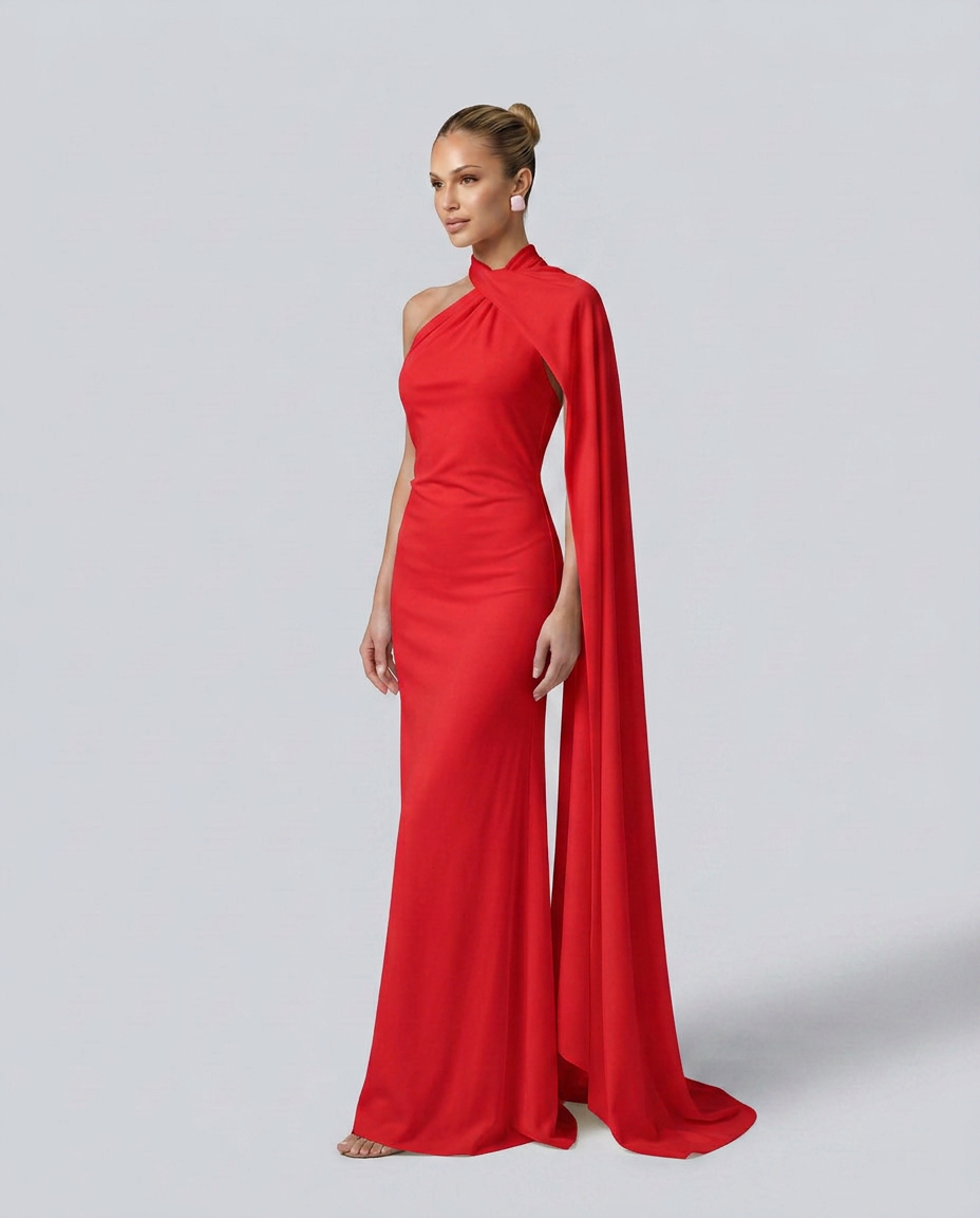 Vestido largo drapeado de invitada con un solo hombro