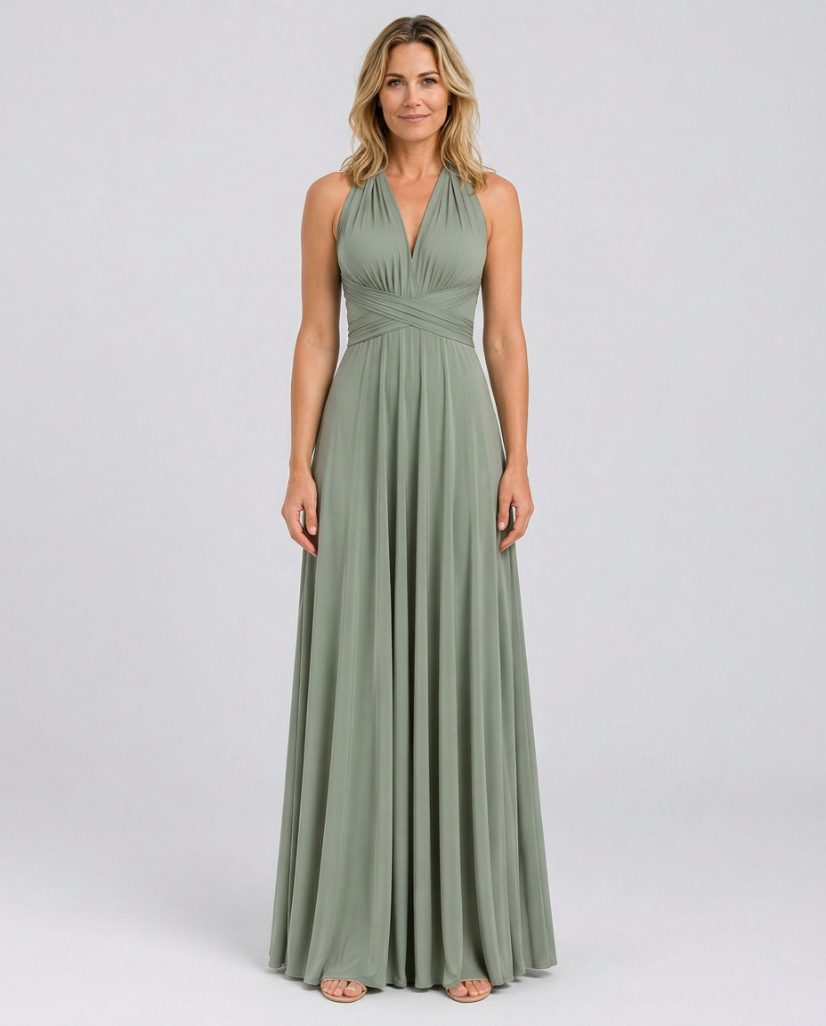 Vestido largo cruzado de invitada de boda con cuello halter
