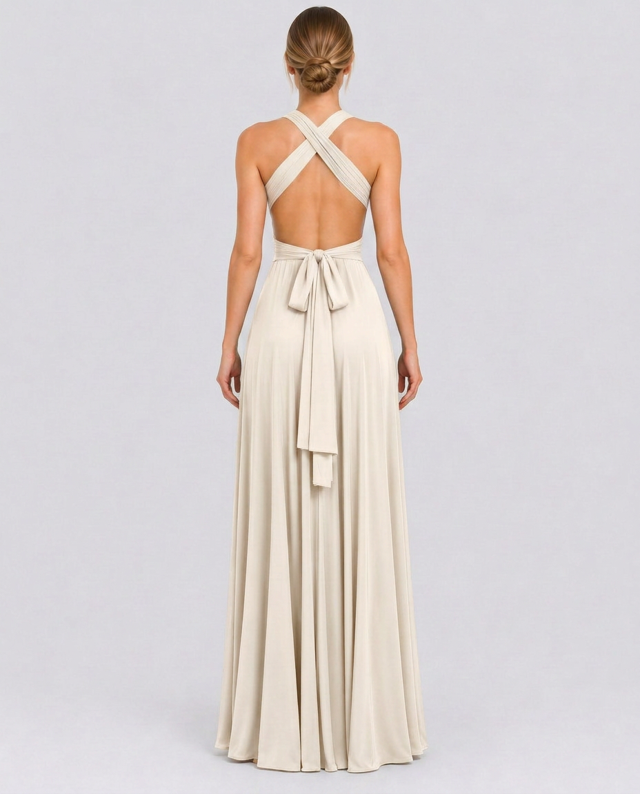 Vestido largo cruzado de invitada de boda con cuello halter