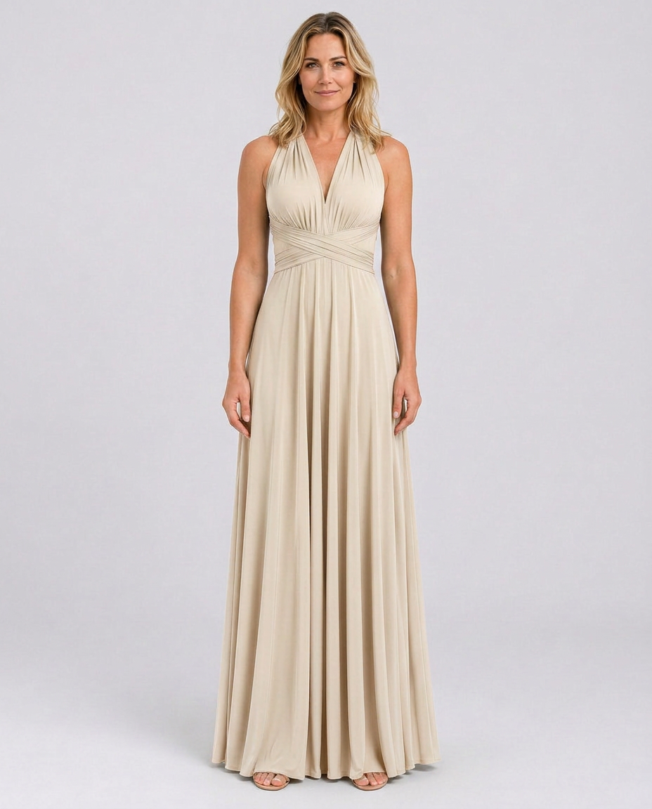 Vestido largo cruzado de invitada de boda con cuello halter