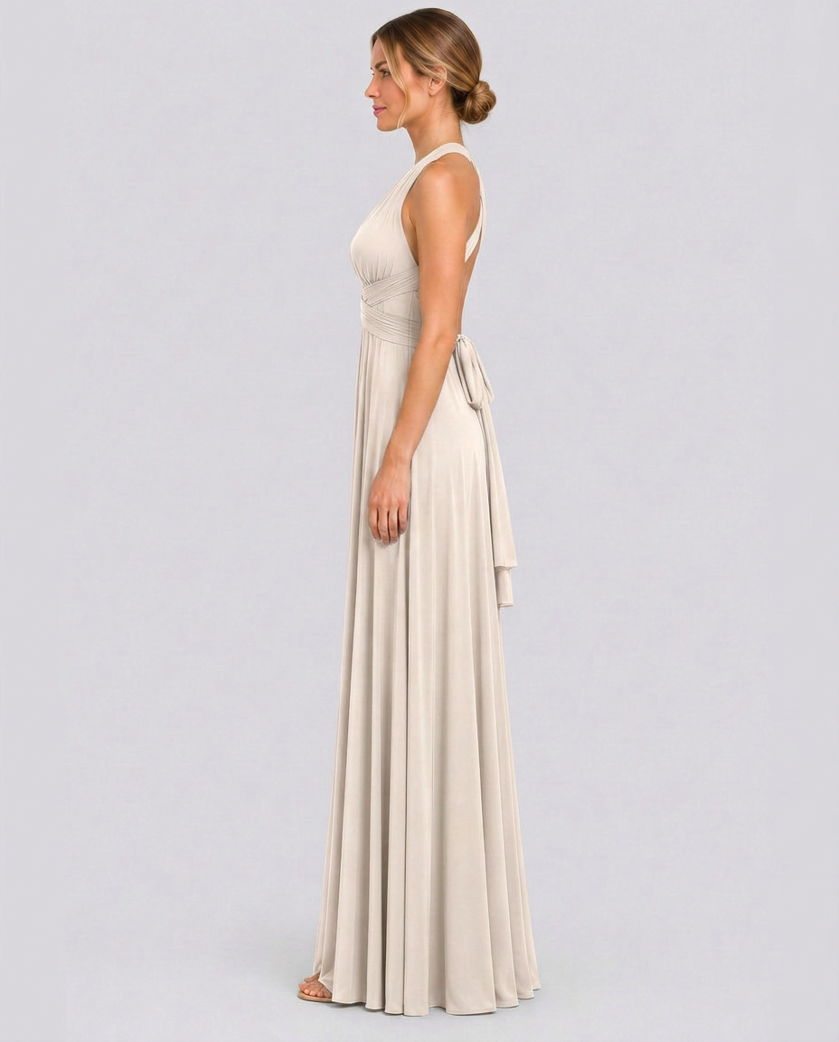 Vestido largo cruzado de invitada de boda con cuello halter
