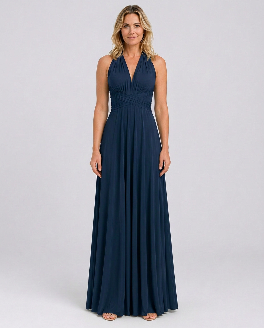 Vestido largo cruzado de invitada de boda con cuello halter