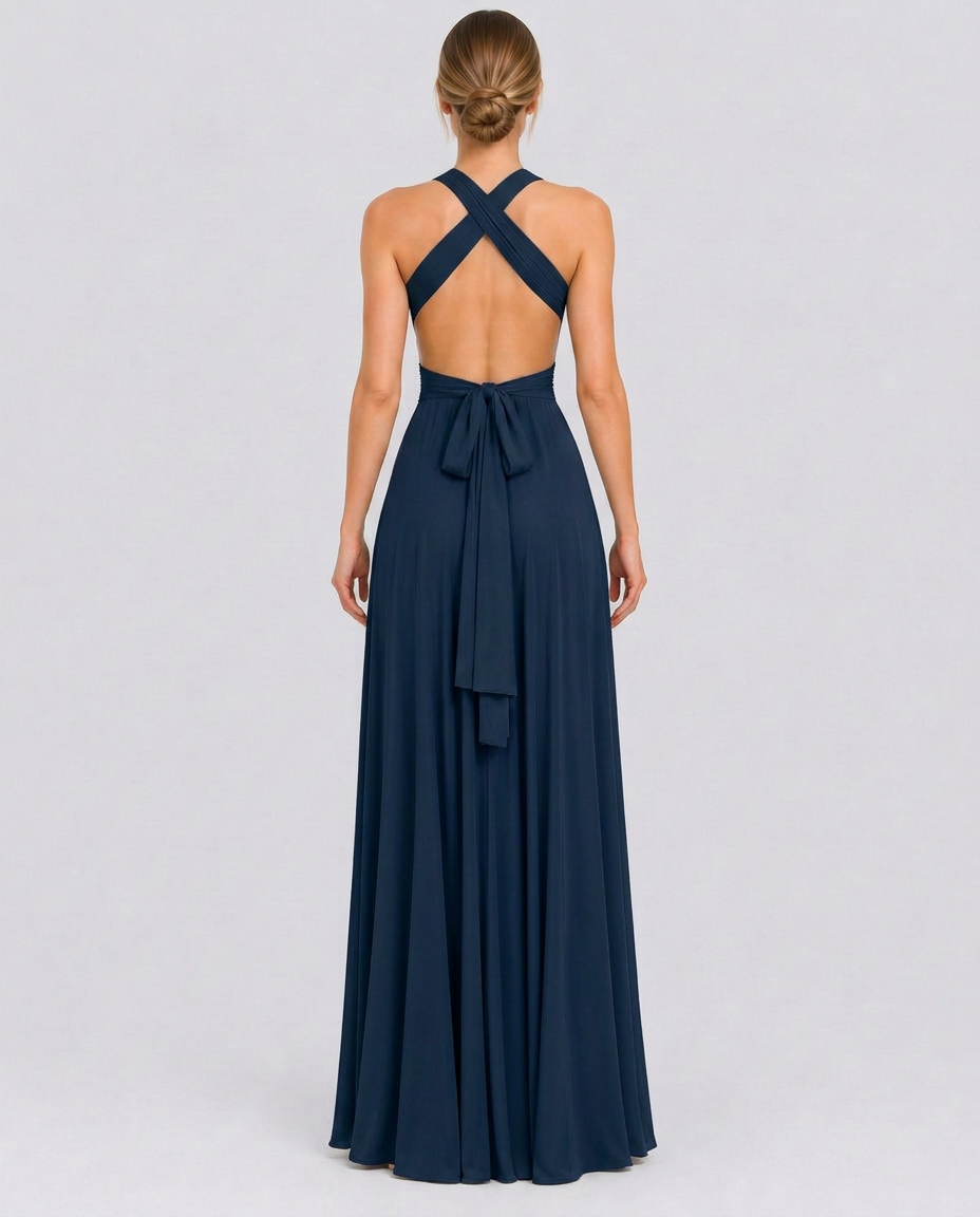 Vestido largo cruzado de invitada de boda con cuello halter