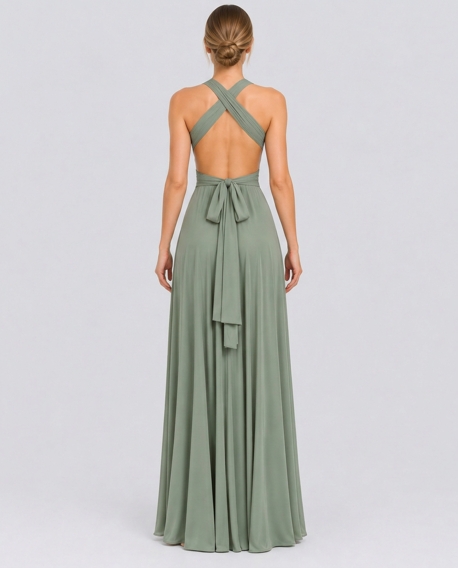 Vestido largo cruzado de invitada de boda con cuello halter