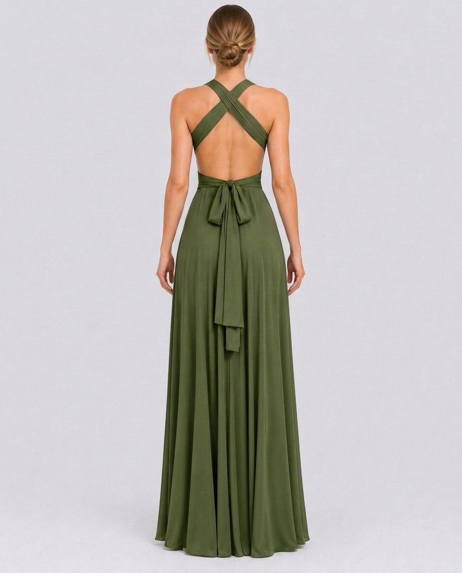 Vestido largo cruzado de invitada de boda con cuello halter