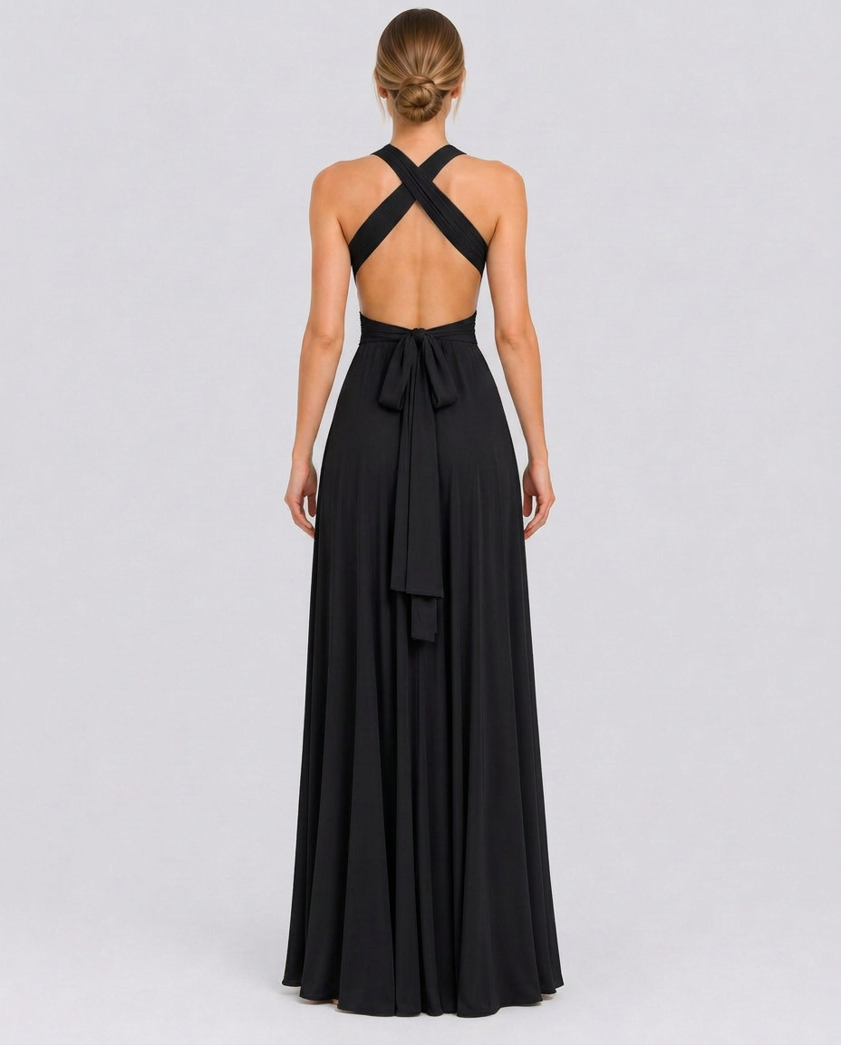 Vestido largo cruzado de invitada de boda con cuello halter