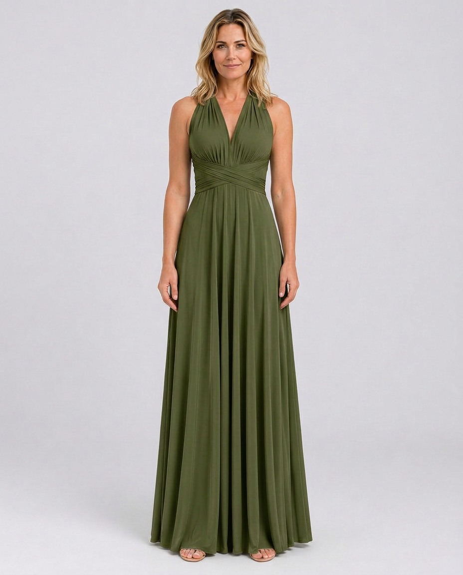 Vestido largo cruzado de invitada de boda con cuello halter