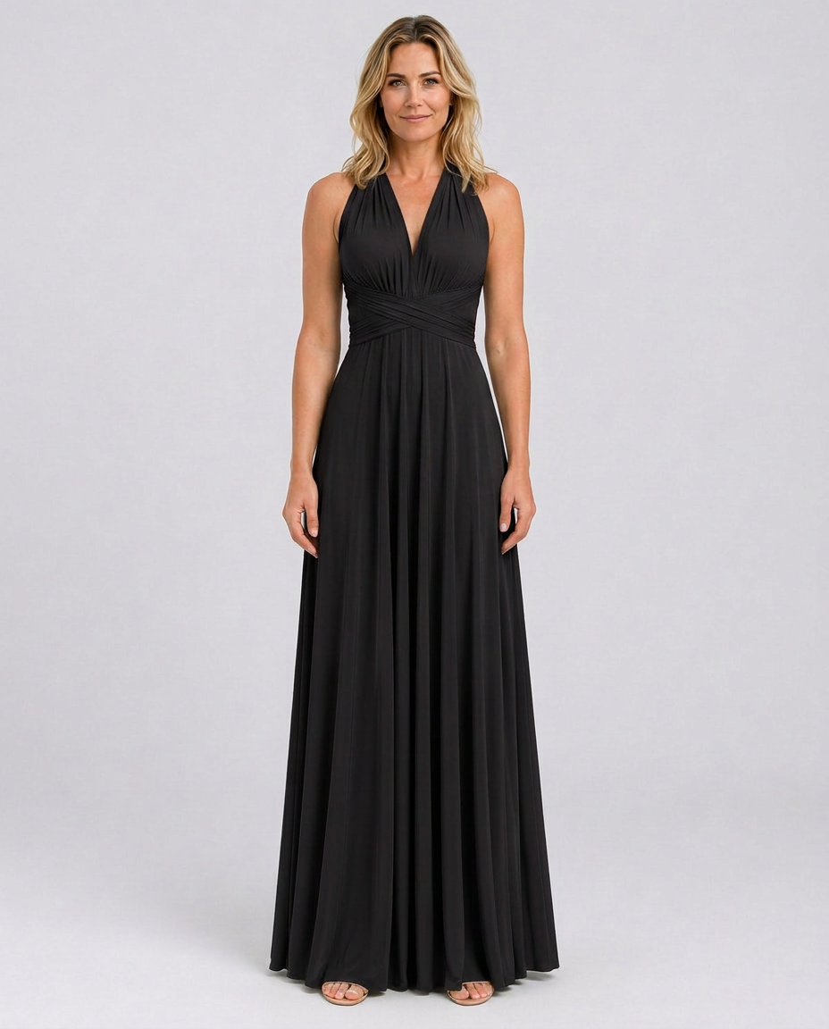Vestido largo cruzado de invitada de boda con cuello halter