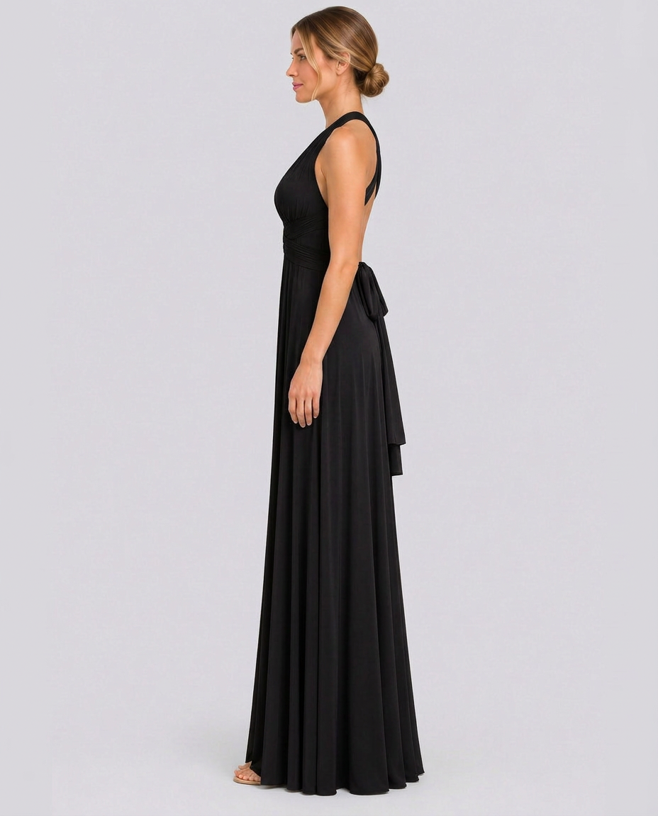 Vestido largo cruzado de invitada de boda con cuello halter