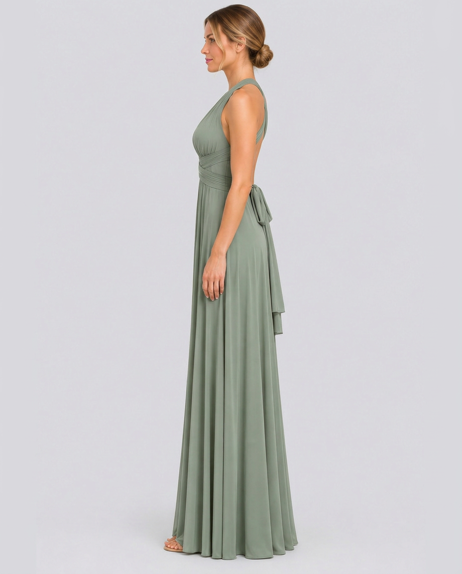 Vestido largo cruzado de invitada de boda con cuello halter