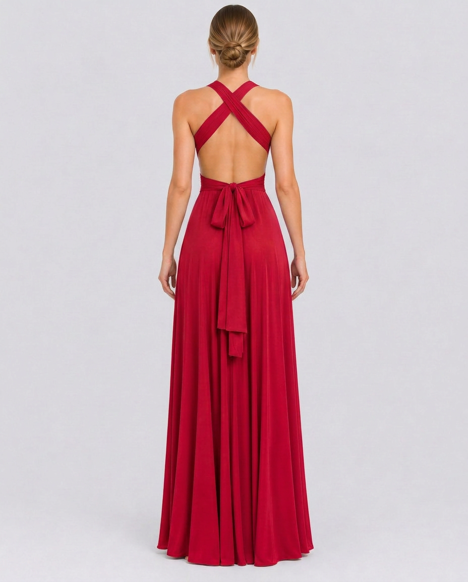 Vestido largo cruzado de invitada de boda con cuello halter