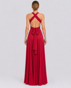Vestido largo cruzado de invitada de boda con cuello halter