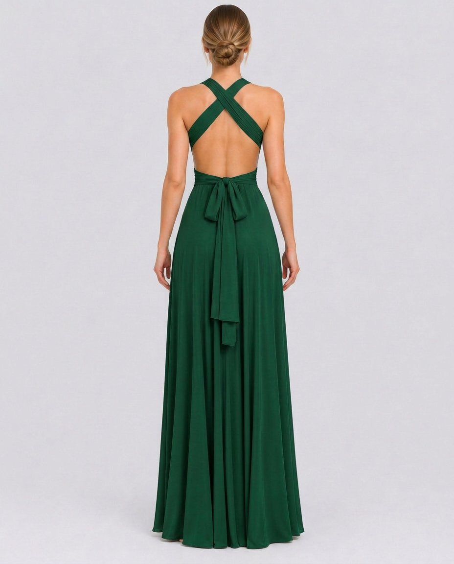 Vestido largo cruzado de invitada de boda con cuello halter