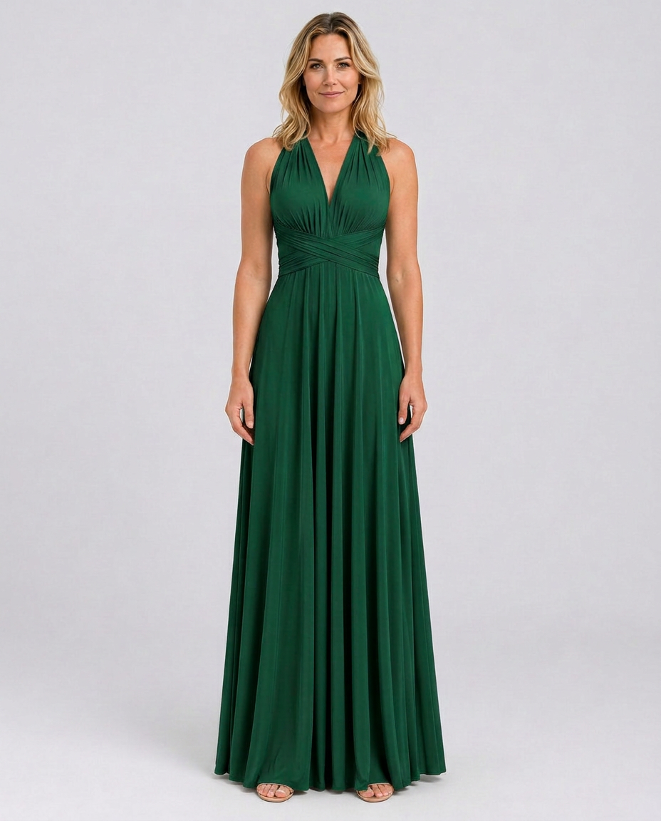 Vestido largo cruzado de invitada de boda con cuello halter