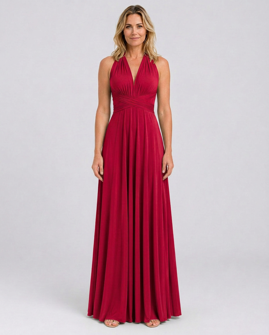 Vestido largo cruzado de invitada de boda con cuello halter