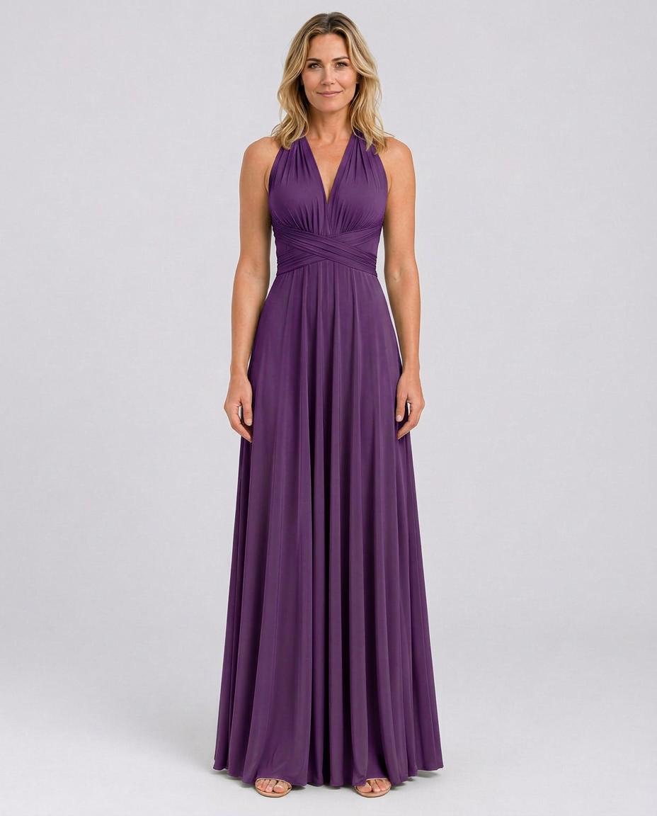 Vestido largo cruzado de invitada de boda con cuello halter