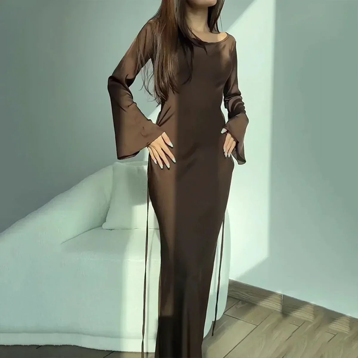 Elegante vestido largo de manga larga de invitada de boda y fiesta | Maxi