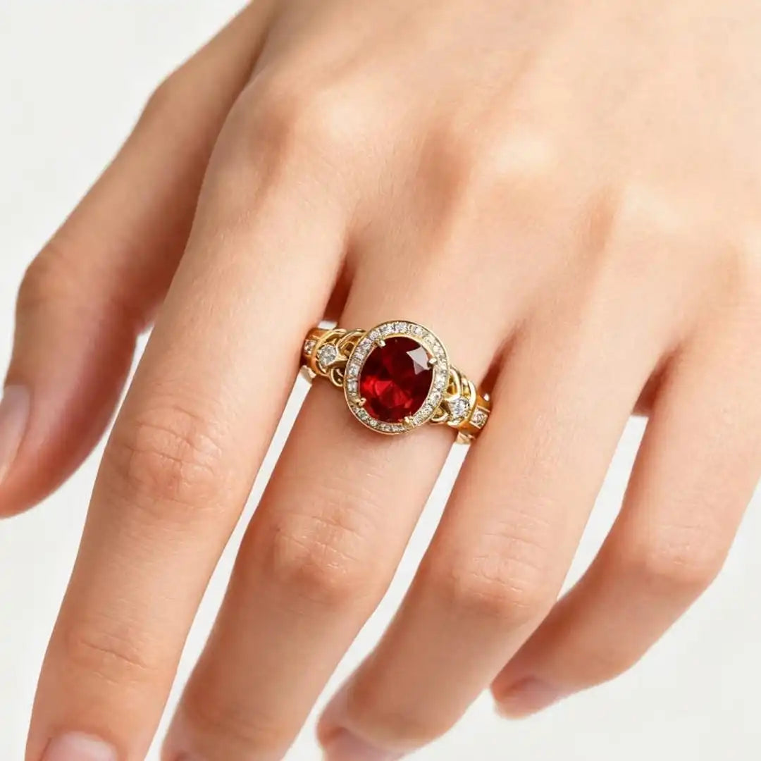 Anillo Statement de Rubí con Halo y Nudo