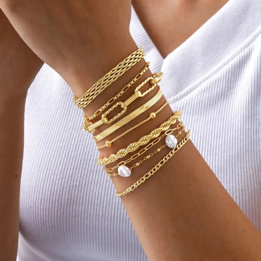 Conjunto de Pulseras Apilables con Perla Dorada