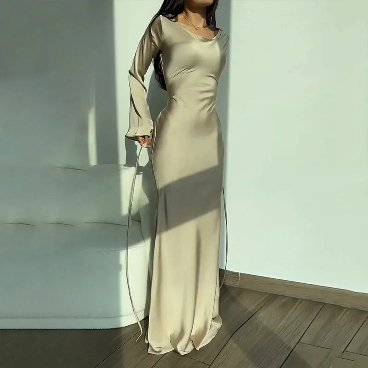 Elegante vestido largo de manga larga de invitada de boda y fiesta | Maxi