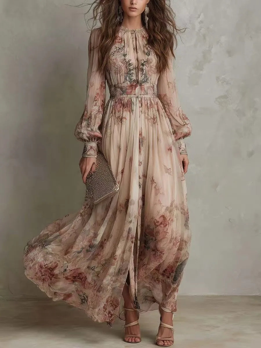 Rosalind™ | Vestido Maxi Plisado con Estampado Floral Vintage