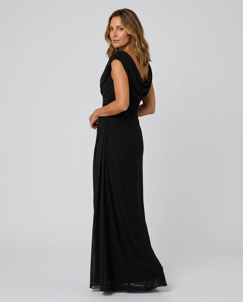Vestido largo drapeado de invitada con cintura marcada para mujer