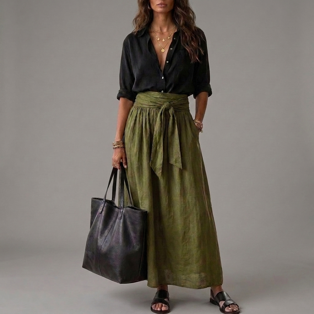 SAHARA | Conjunto de Dos Piezas: Top Negro y Falda Midi Verde Oliva