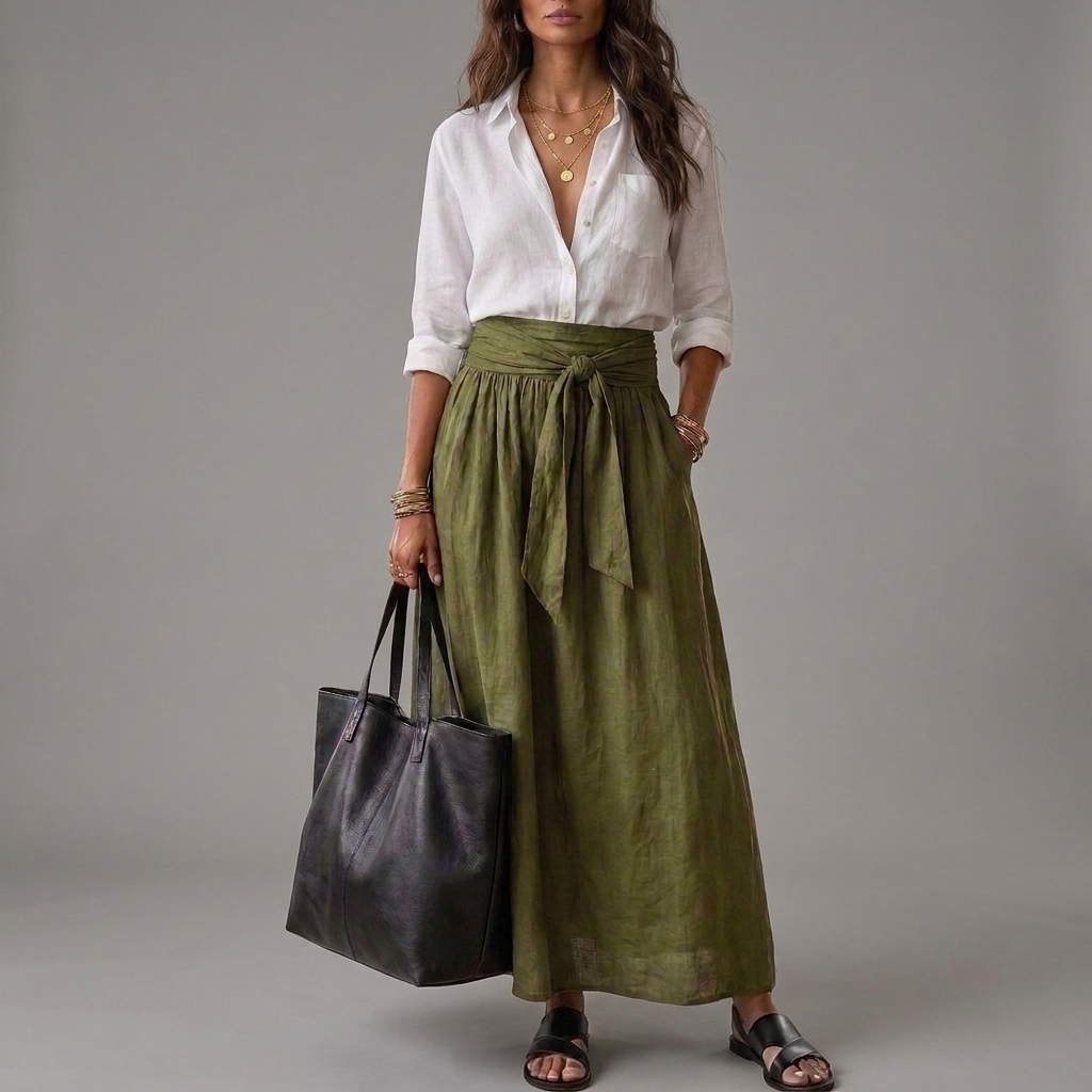 SAHARA | Conjunto de Dos Piezas: Top Negro y Falda Midi Verde Oliva