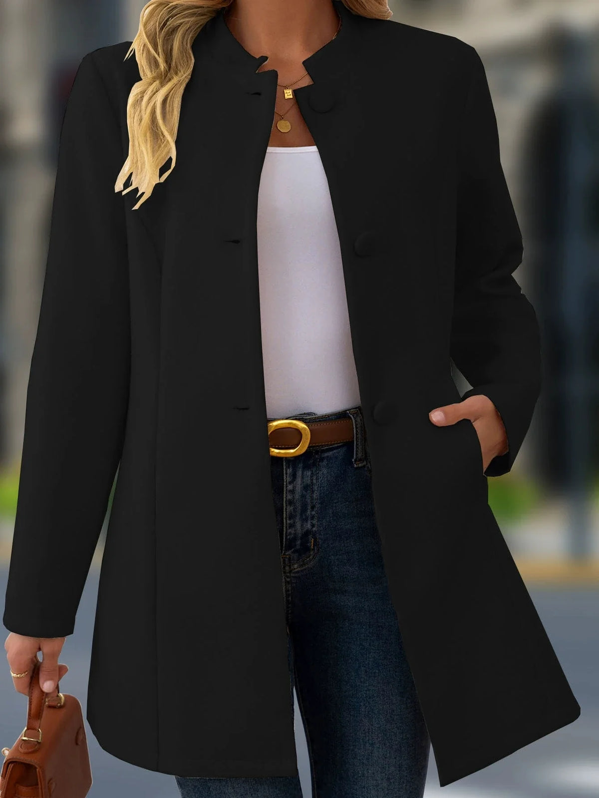 Vivienne | Abrigo Largo Efecto Tweed con Cuello Alto