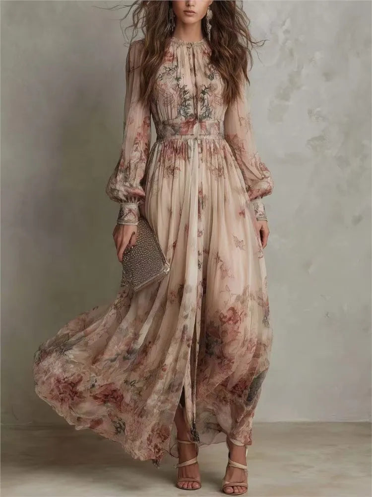 Rosalind™ | Vestido Maxi Plisado con Estampado Floral Vintage