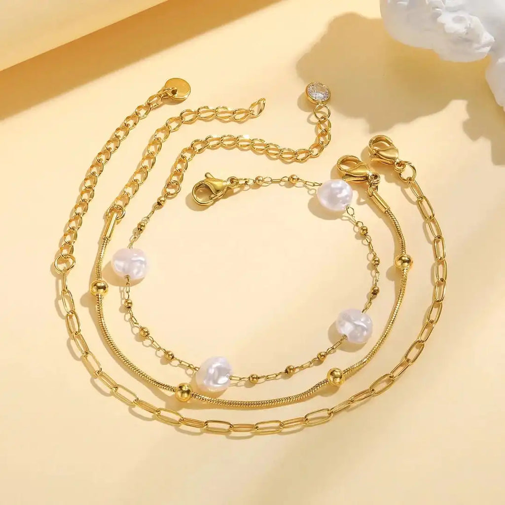 Conjunto de Pulseras Apilables con Perla Dorada