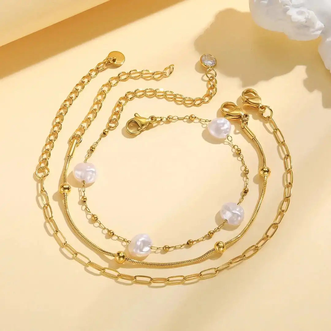 Conjunto de Pulseras Apilables con Perla Dorada