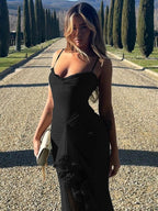 Elegante vestido largo de invitada de boda con volantes y tirantes finos | Maxi