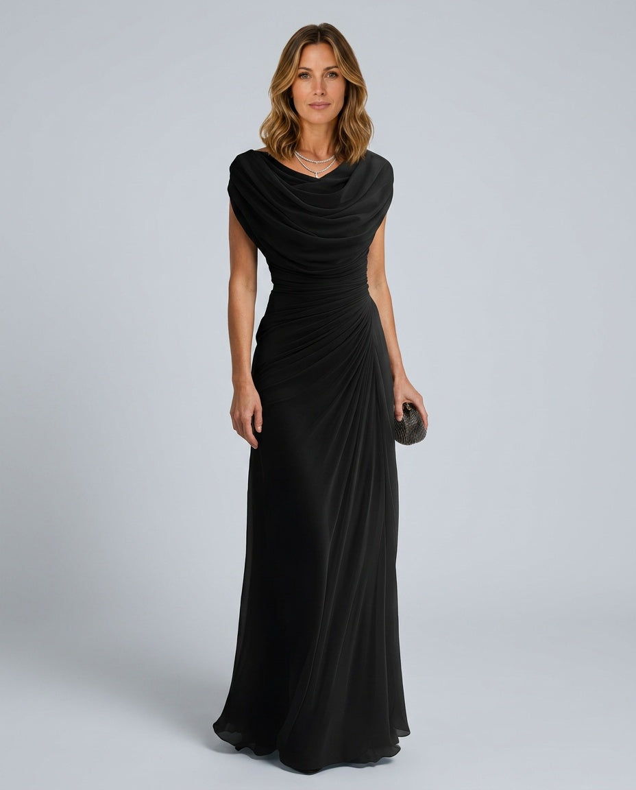 Vestido largo drapeado de invitada con cintura marcada para mujer