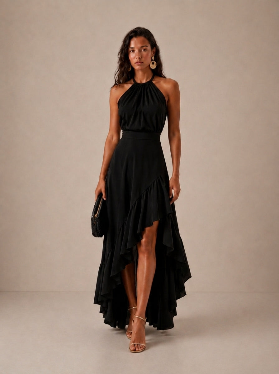 Elegante vestido de invitada de boda con negro cuello halter y bajo asimétrico de volantes