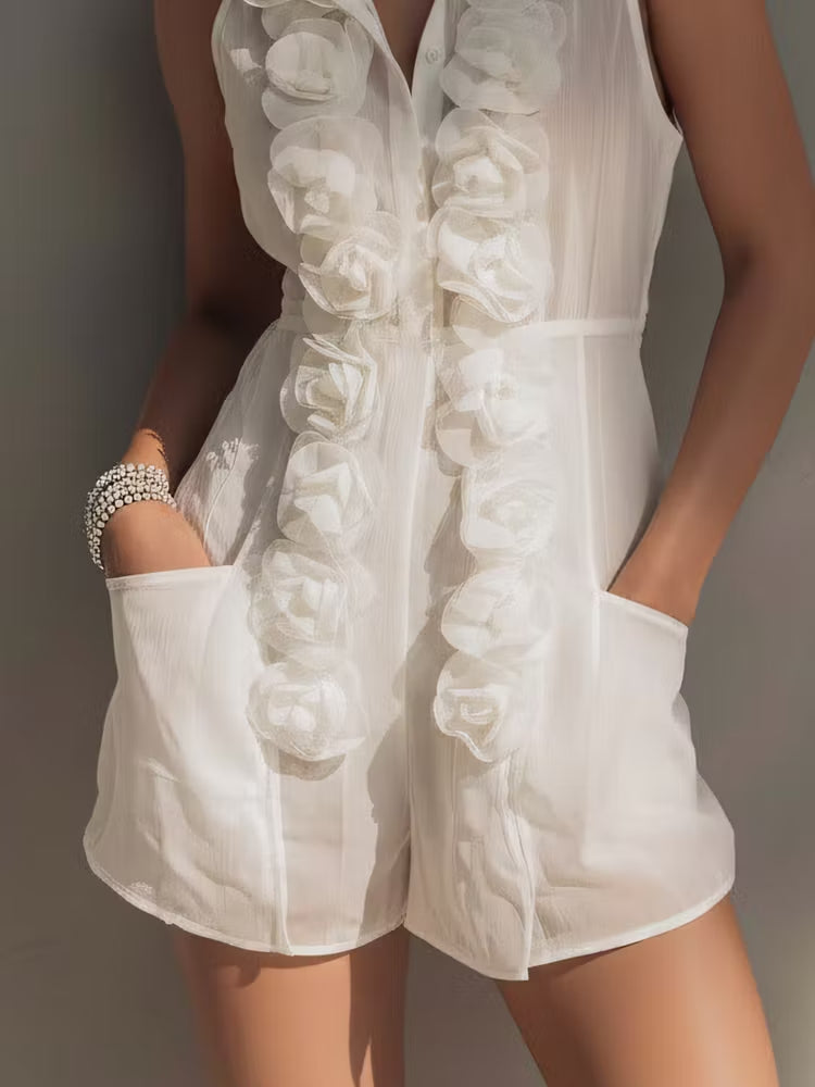 Mono Blanco de Algodón y Lino Sin Mangas con Motivo Floral en 3D