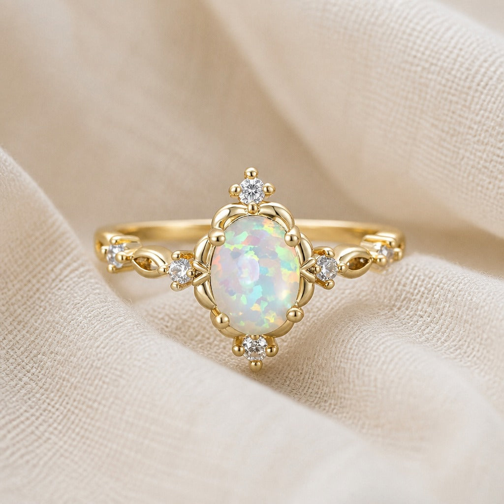 Anillo de Flor con Ópalo de Fuego Blanco Ovalado
