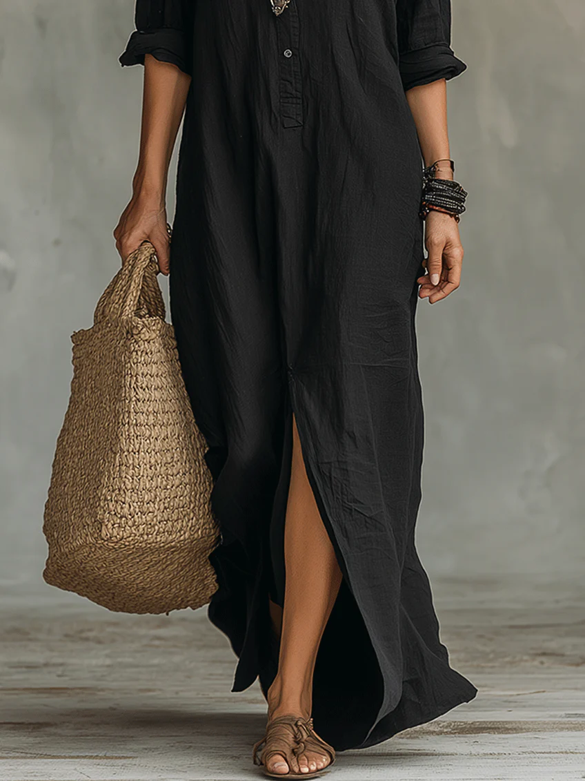 Mia | Vestido Maxi Largo Negro con Botones