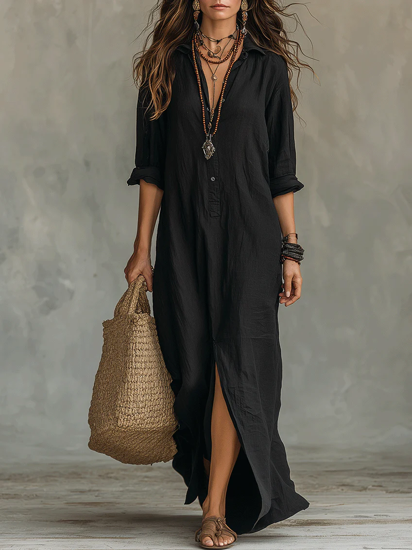 Mia | Vestido Maxi Largo Negro con Botones