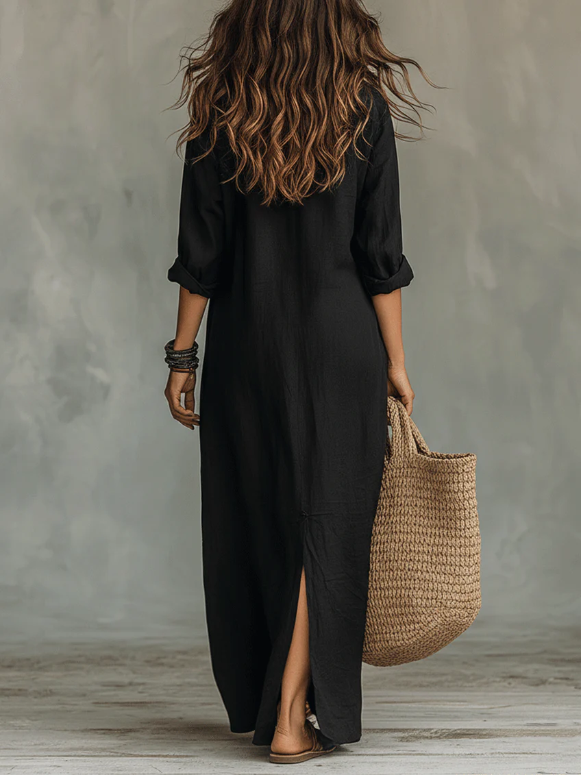 Mia | Vestido Maxi Largo Negro con Botones
